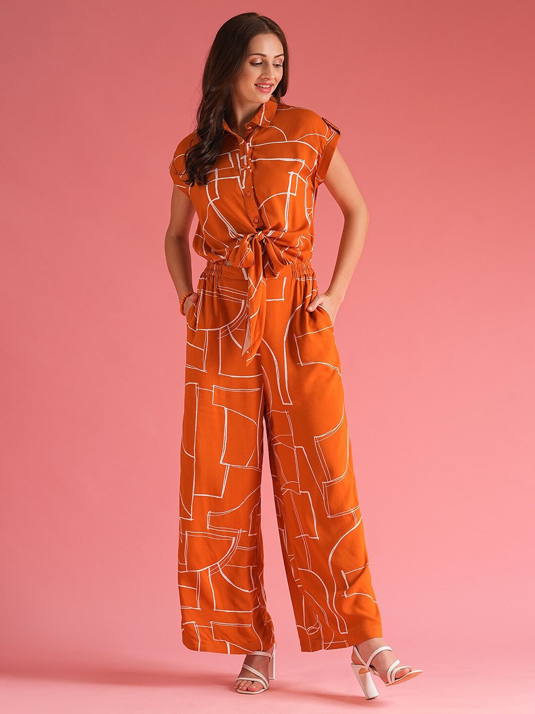 

Globus Shirt Collar Extended Sleeves Abstract Print Cut Out Detail Waist Tie-Up Jumpsuit, Rust