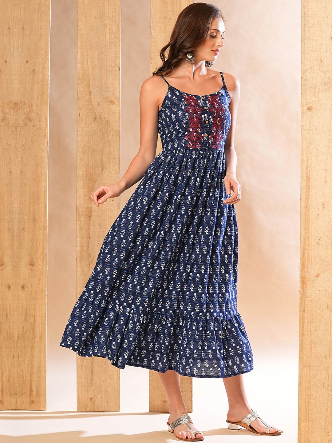 

Globus Blue Floral Printed Shoulder Straps Cotton Tiered Midi Ethnic Dress
