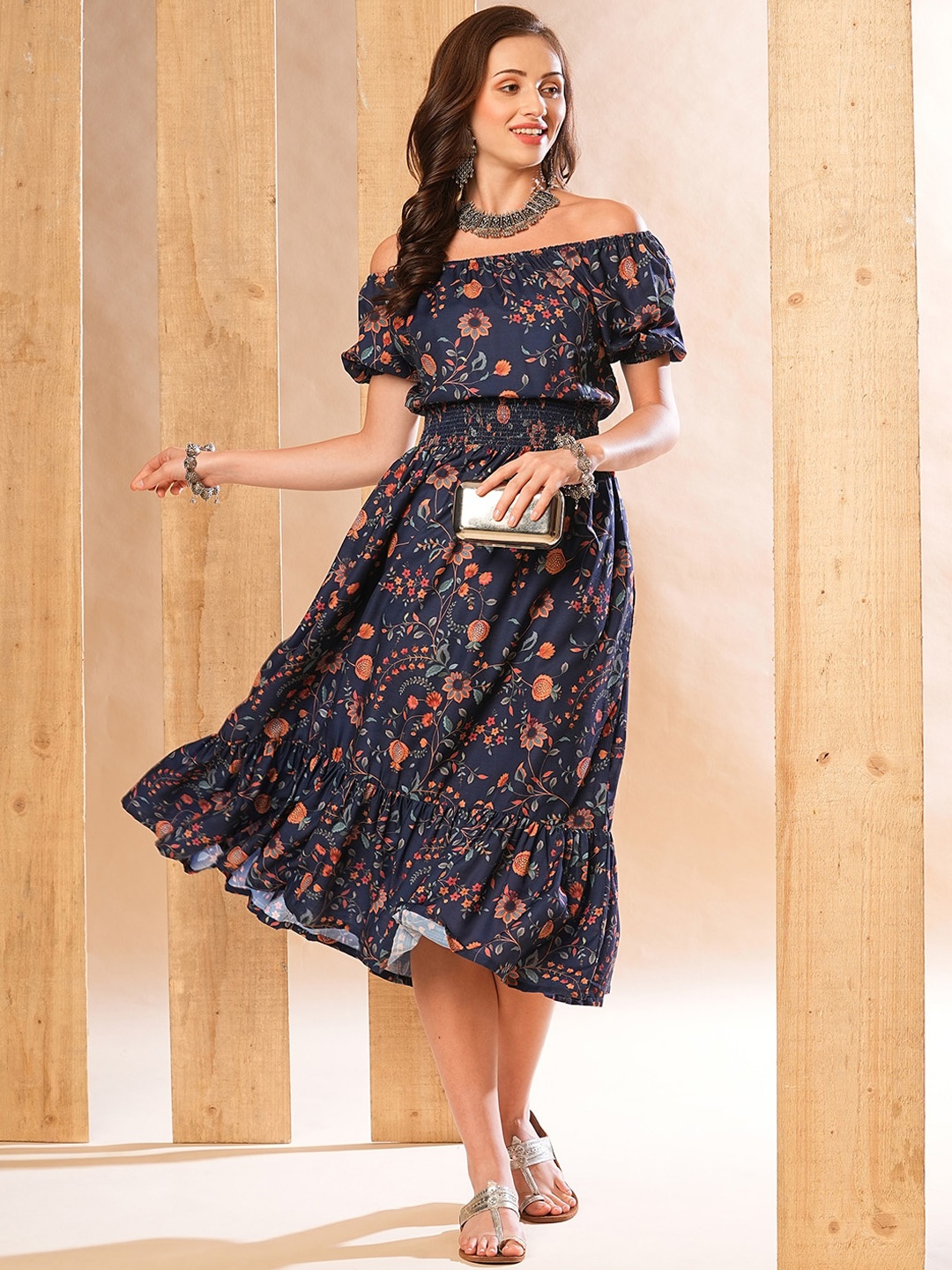 

Globus Allover Floral Printed Smocked Waist Fit & Flare Midi Dress, Navy blue