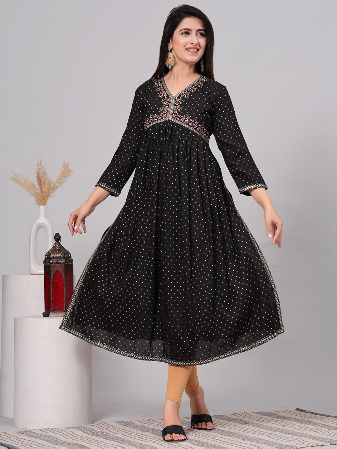 

ANJAYA Geometric Printed V-Neck Thread Work A-Line Kurta, Black