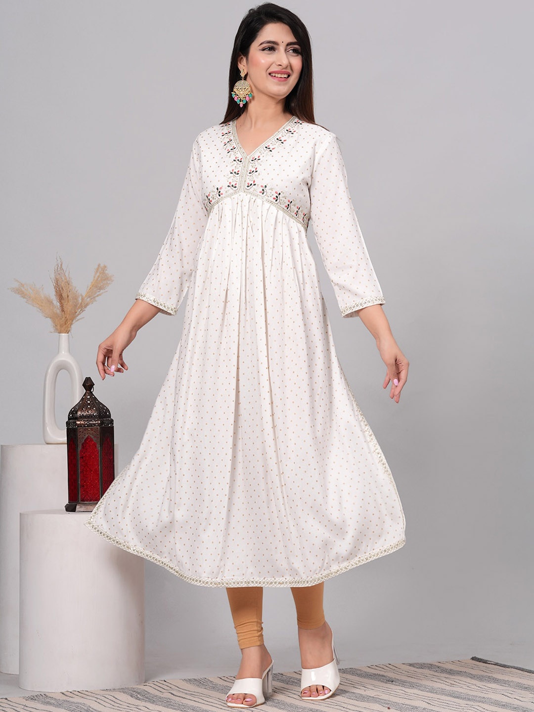 

ANJAYA Geometric Printed V-Neck Thread Work A-Line Kurta, White