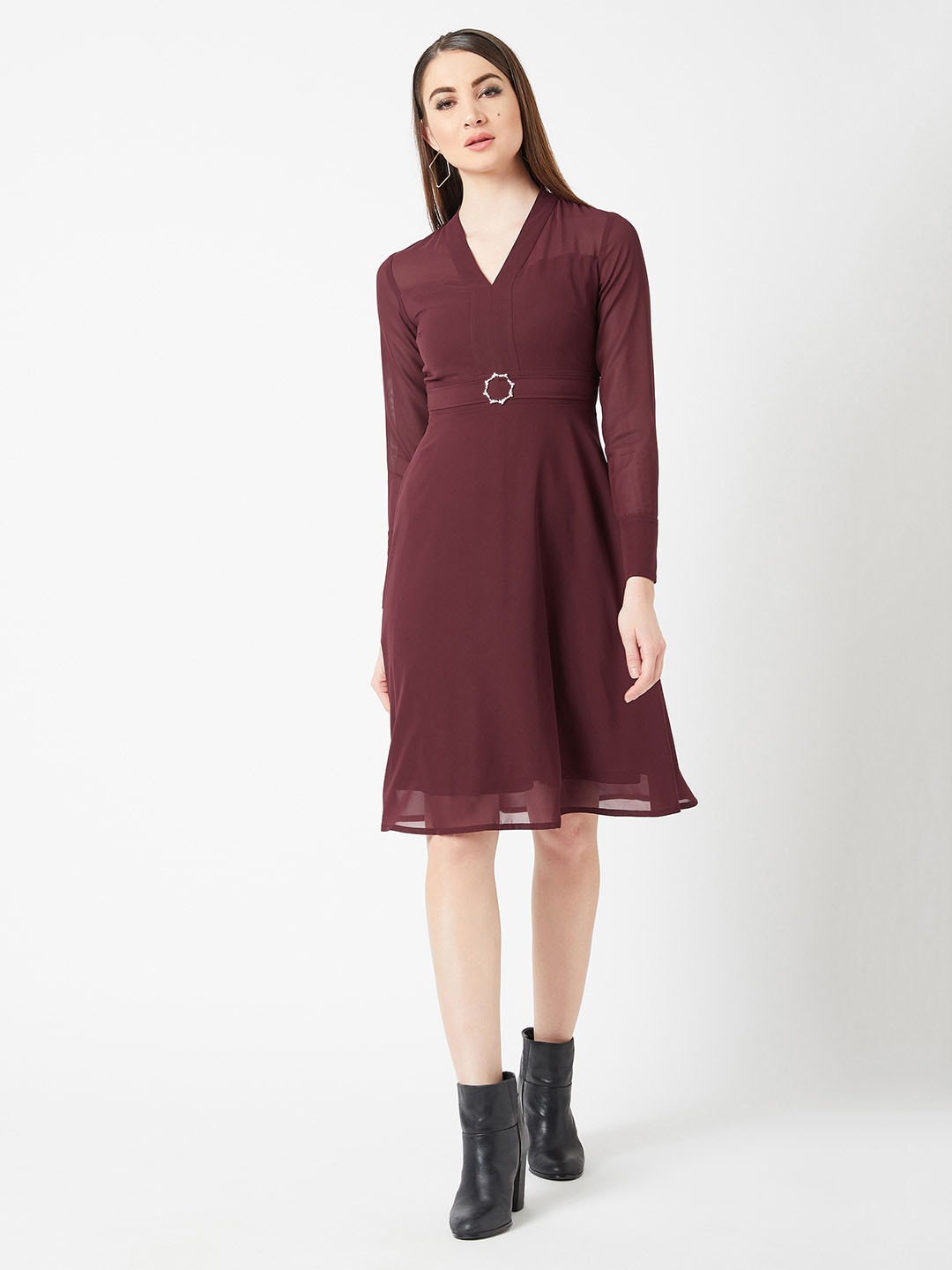 

Chemistry Wine Red V-Neck Full Sleeve Solid Fit & Flare Midi Dress, Maroon