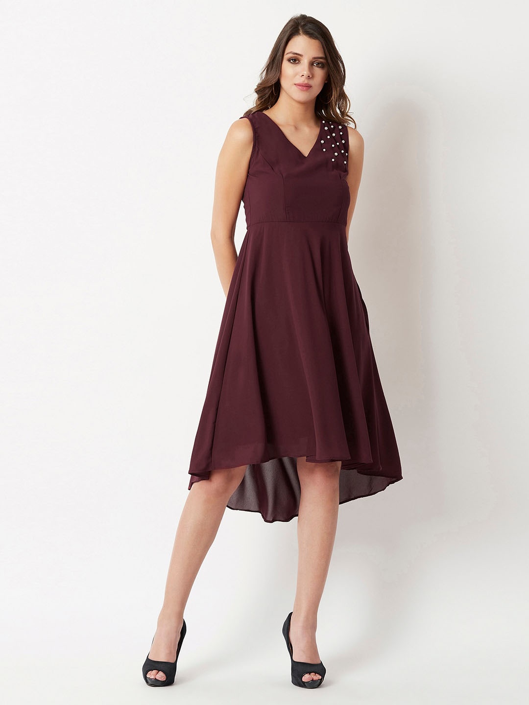 

Chemistry Georgette V-Neck Fit & Flare Midi Casual Dress, Maroon