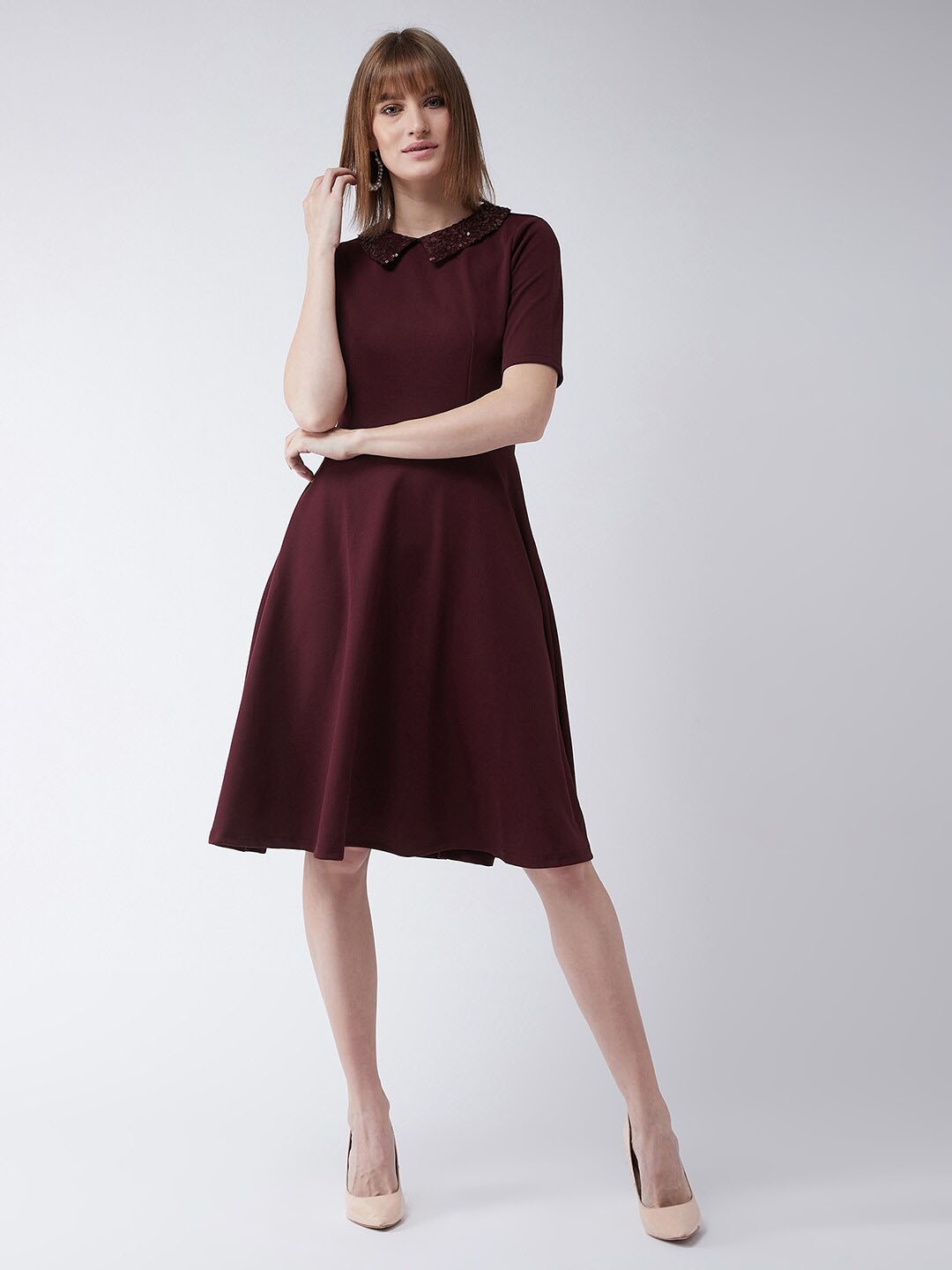 

Chemistry Women Collared Round Neck Half Sleeve Solid Knee-Long Skater Party Dress, Maroon