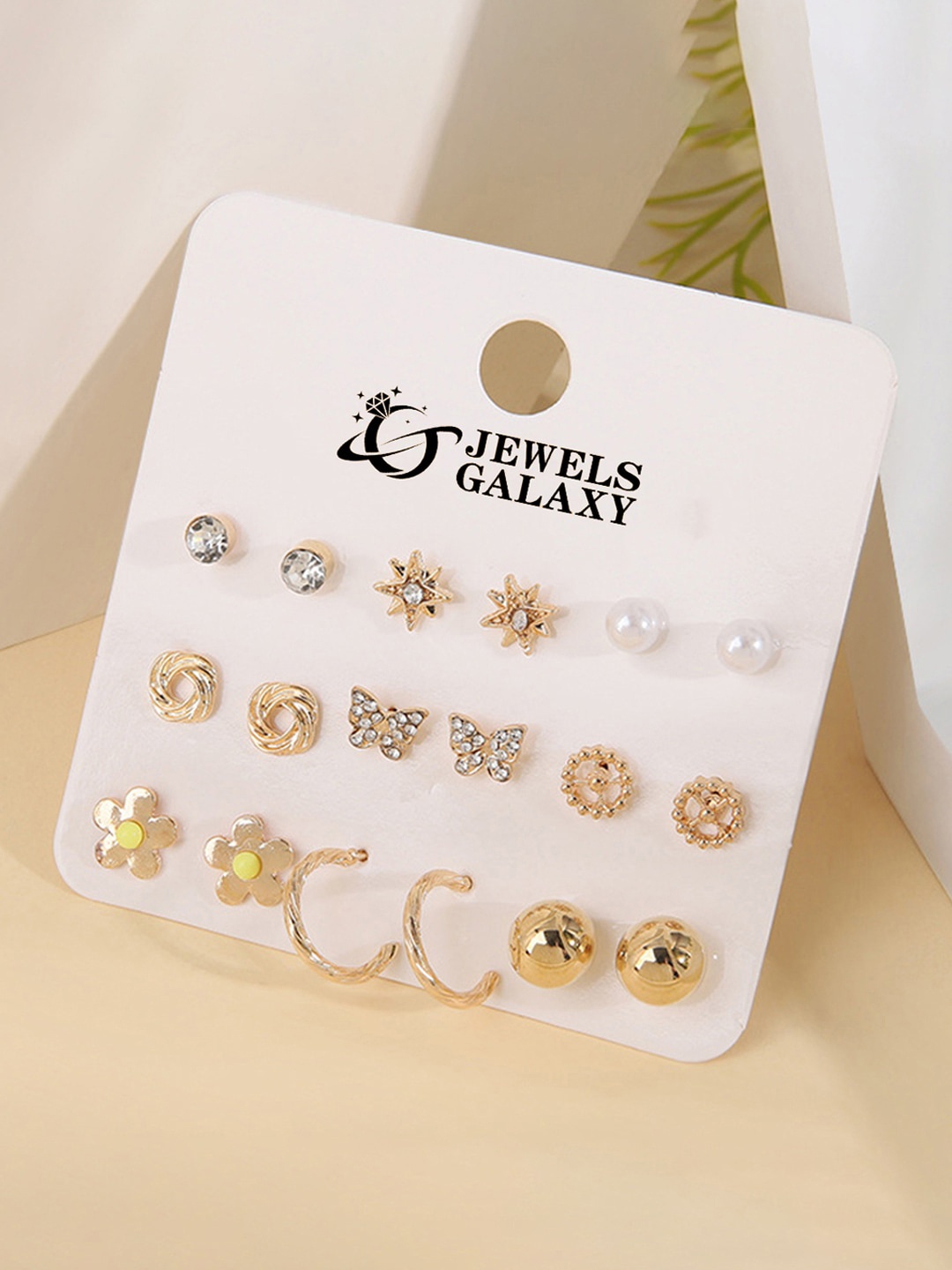 

Jewels Galaxy Set Of 9 Silver-Plated Contemporary Studs Earrings, Gold