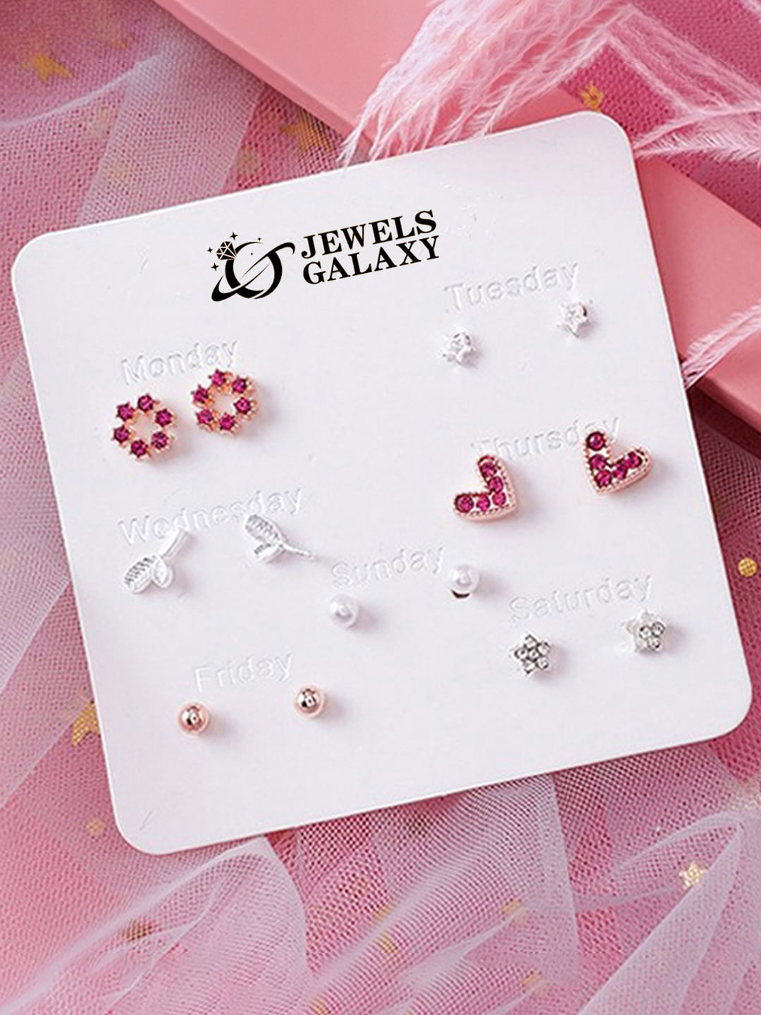 

Jewels Galaxy Set Of 7 Gold-Plated Crystals-Studded Contemporary Studs Earrings, Silver