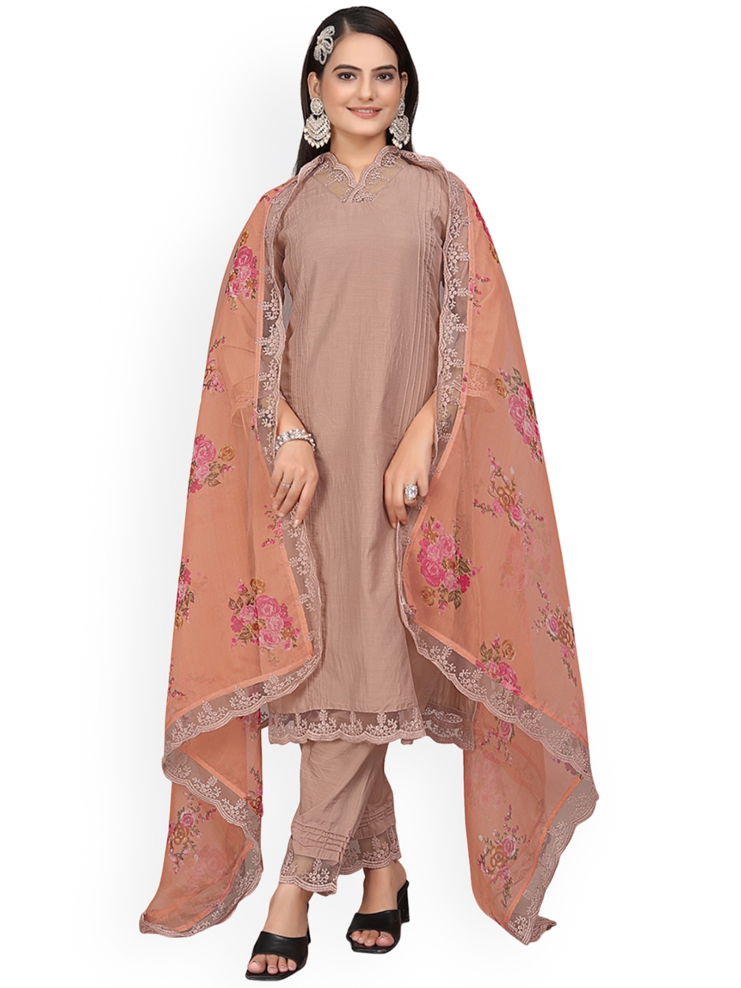 

mimi design V-Neck Thread Work Kurta with Harem Pants & With Dupatta, Brown
