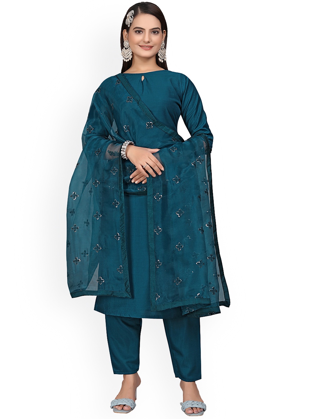 

mimi design Keyhole Neck Kurta with Harem Pants & With Dupatta, Turquoise blue