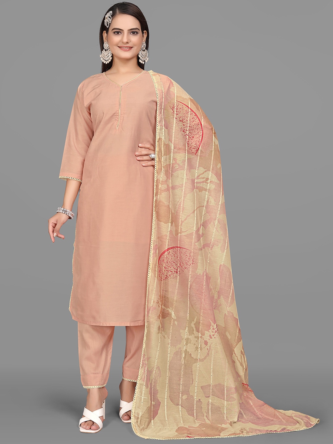 

mimi design V-Neck Sequinned Kurta with Harem Pants & With Dupatta, Pink