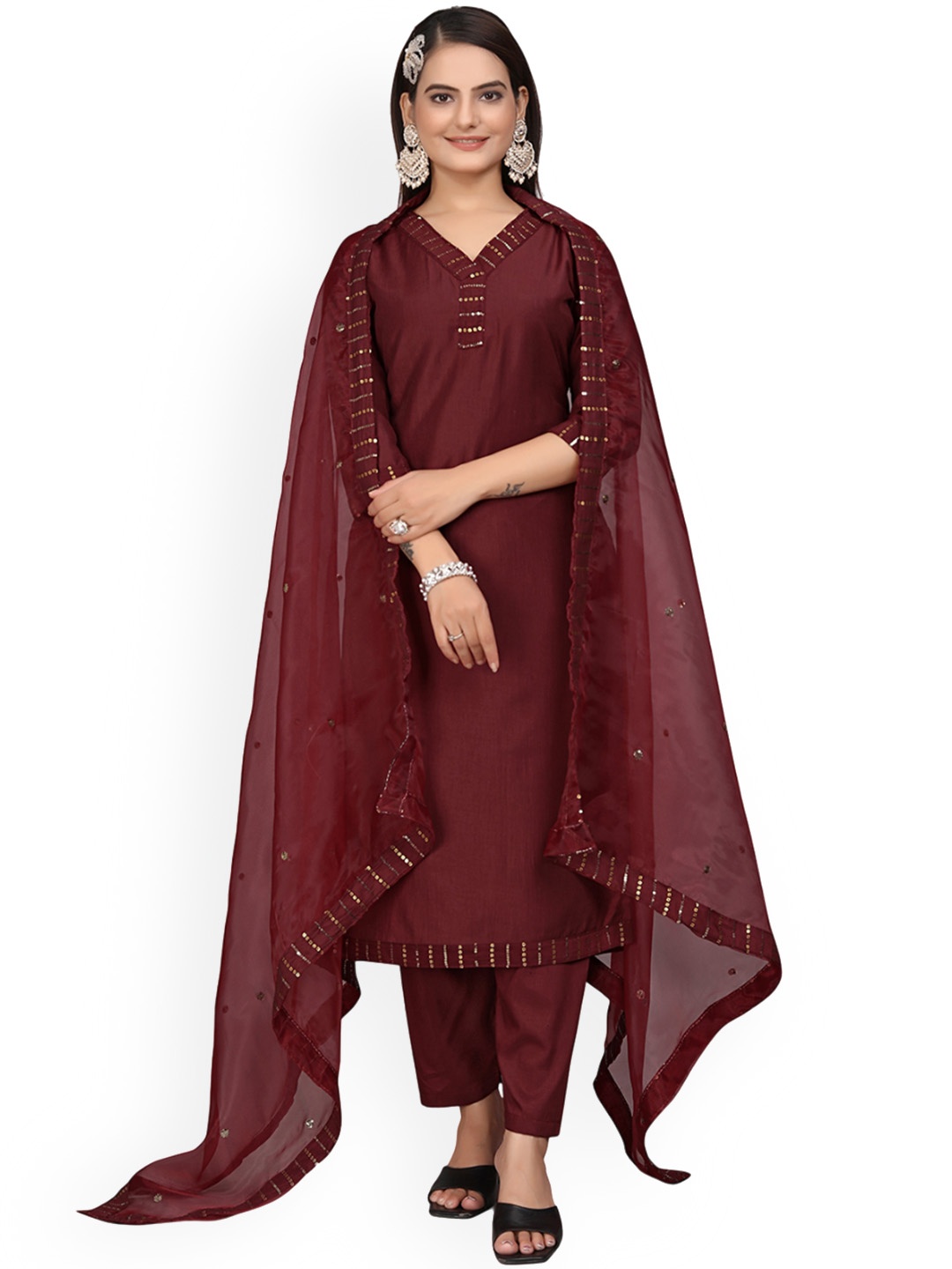 

mimi design Striped Yoke Design Sequinned Straight Kurta With Trousers & Dupatta, Maroon