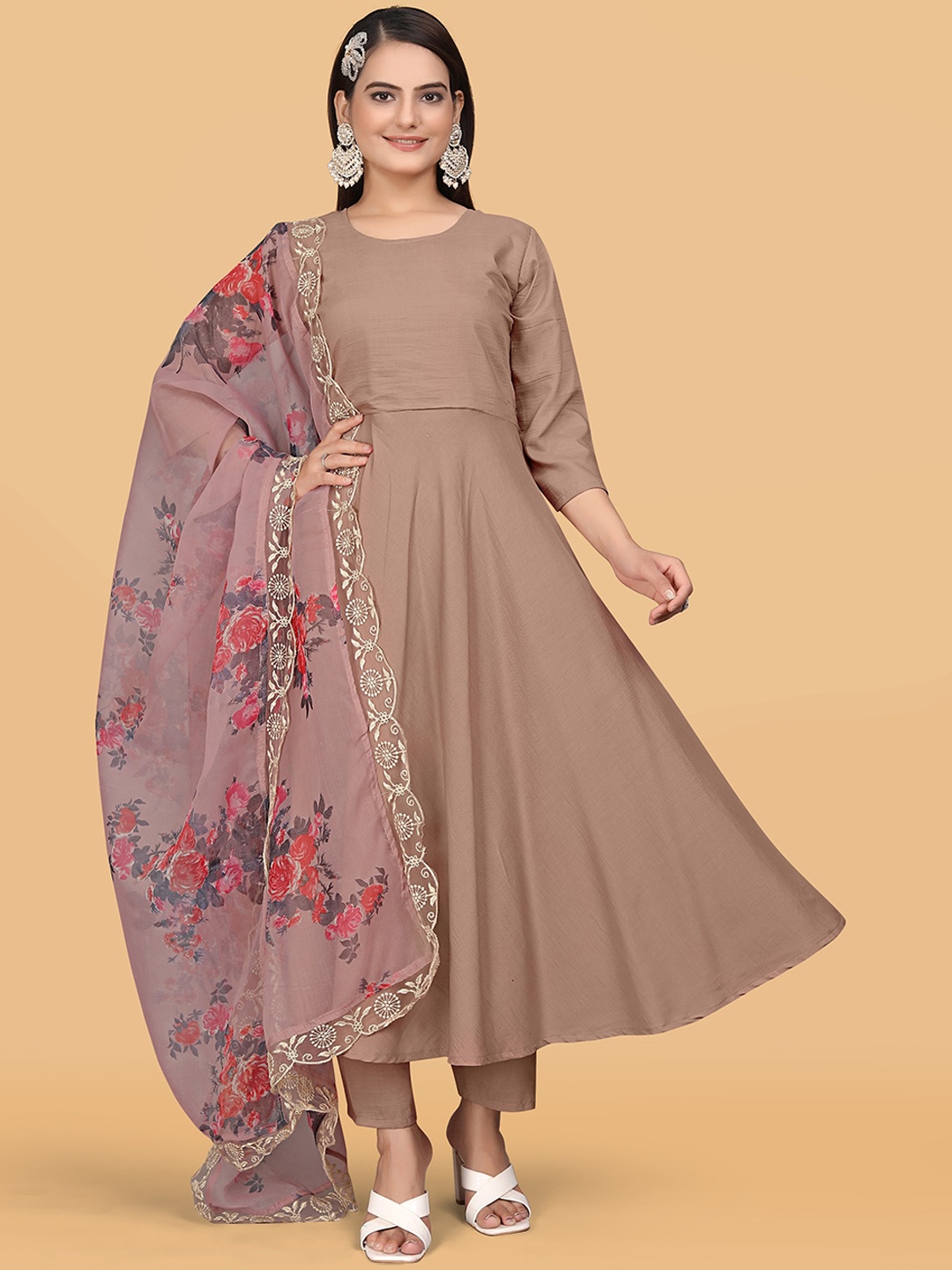 

mimi design Round Neck Anarkali Kurta with Harem Pants & With Dupatta, Brown