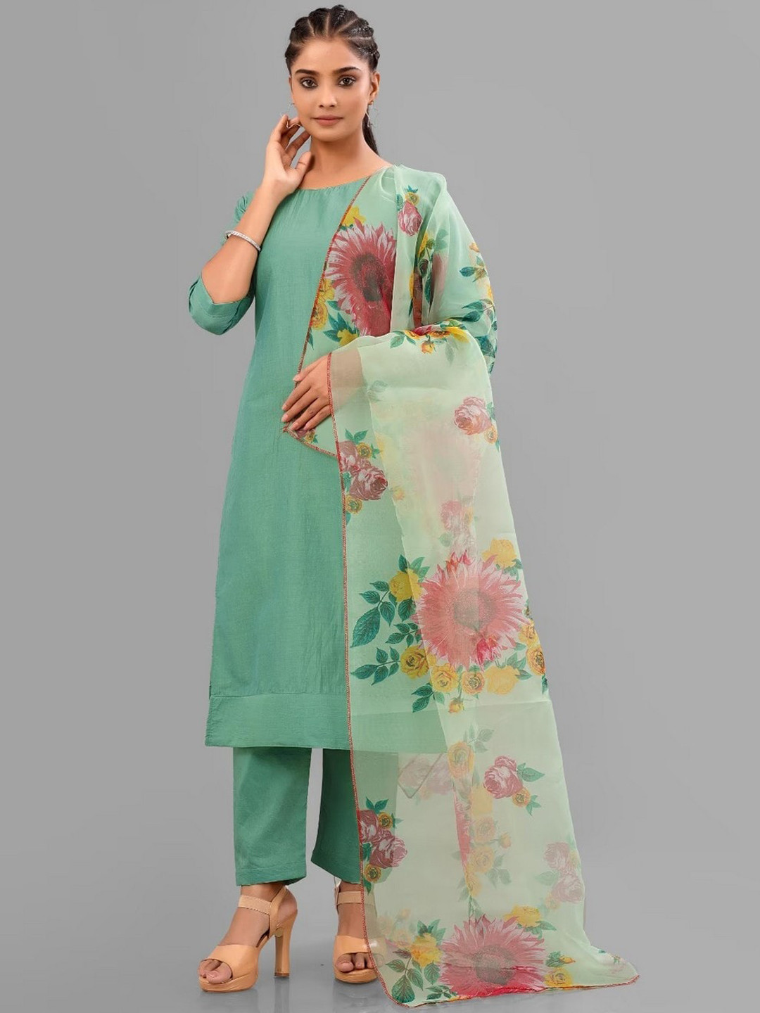 

mimi design Regular Round Neck Kurta with Trousers & With Dupatta, Green