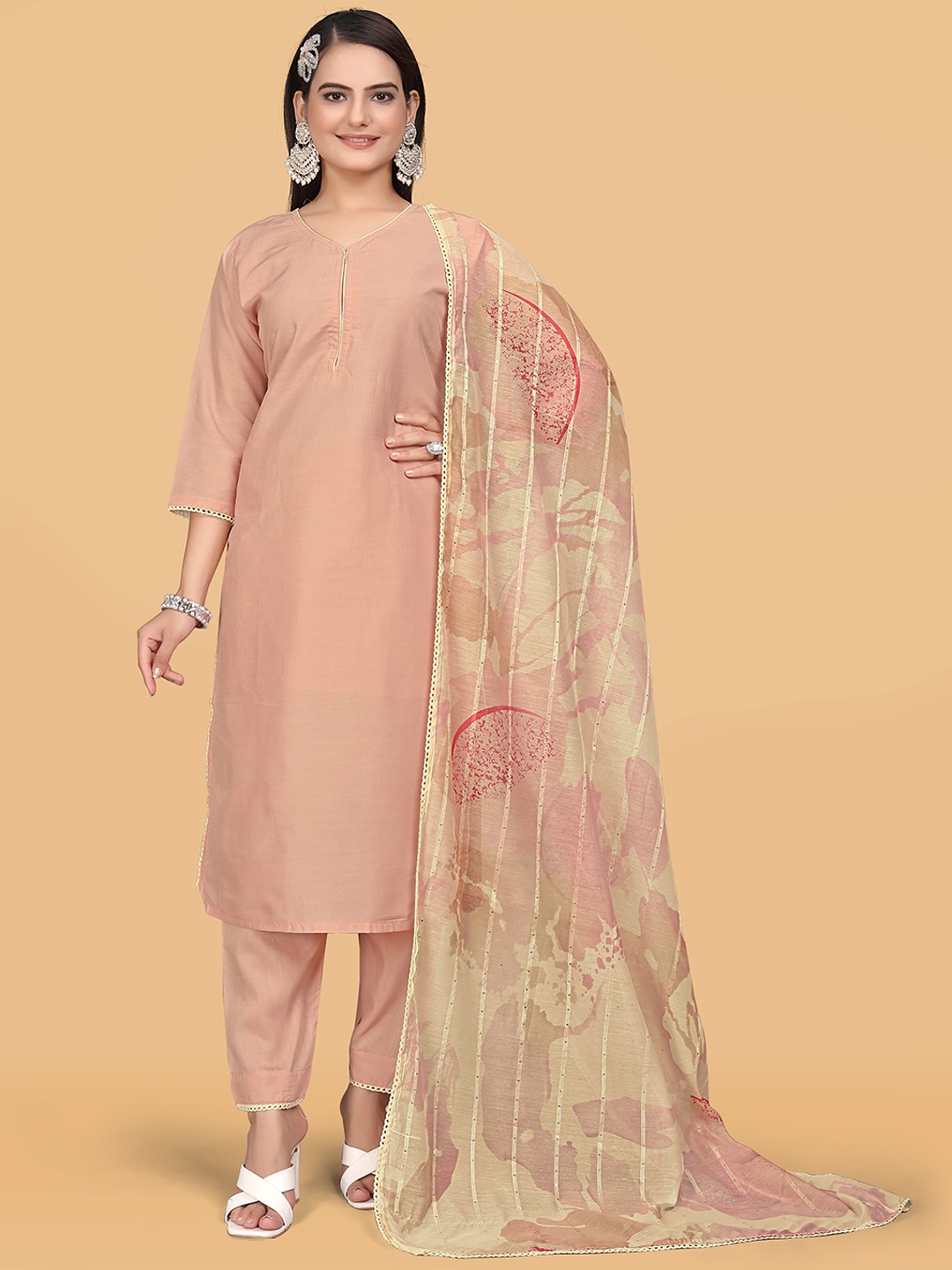 

mimi design Regular Sequinned Kurta with Trousers & With Dupatta, Pink