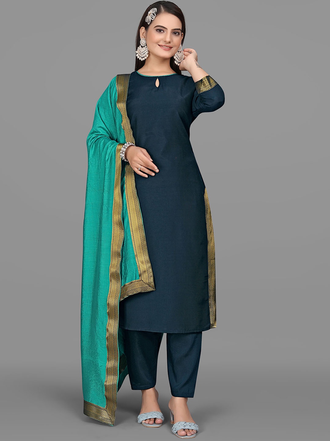 

mimi design Keyhole Neck Three-Quarter Sleeves Kurta with Harem Pants & With Dupatta, Blue