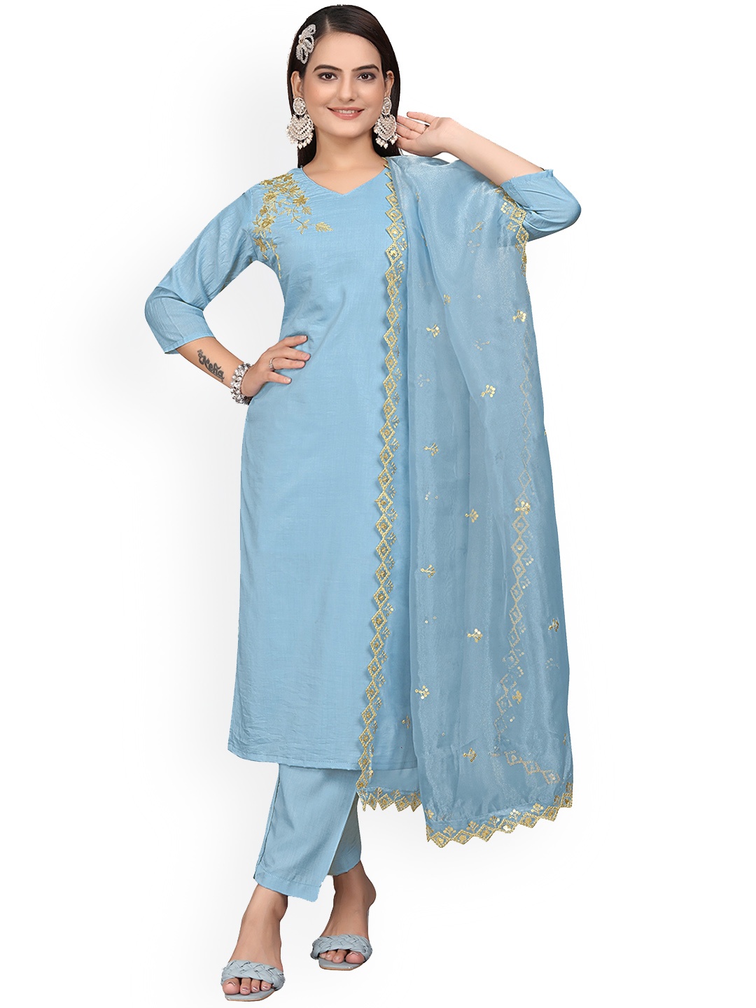 

mimi design Round Neck Sequinned Straight Kurta with Harem Pants & With Dupatta, Lavender