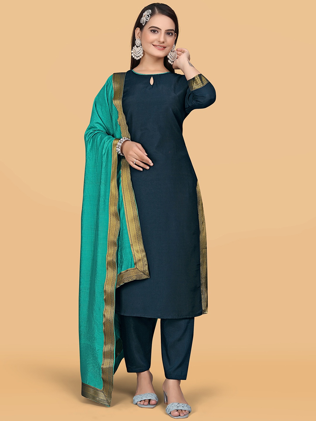 

mimi design Keyhole Neck Zari Straight Kurta with Trousers & With Dupatta, Turquoise blue