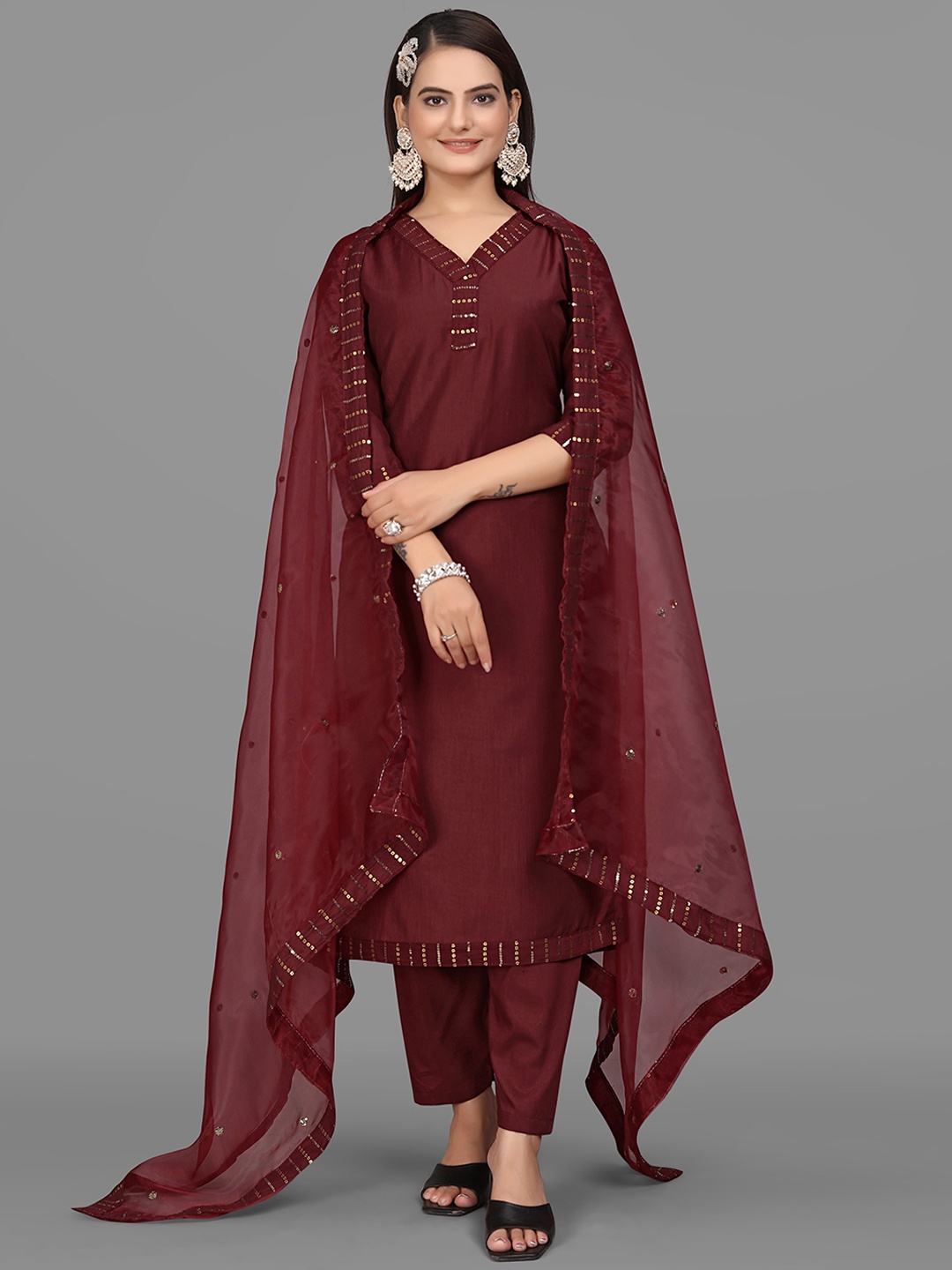 

mimi design Straight Sequinned Kurta With Trousers & Dupatta, Maroon