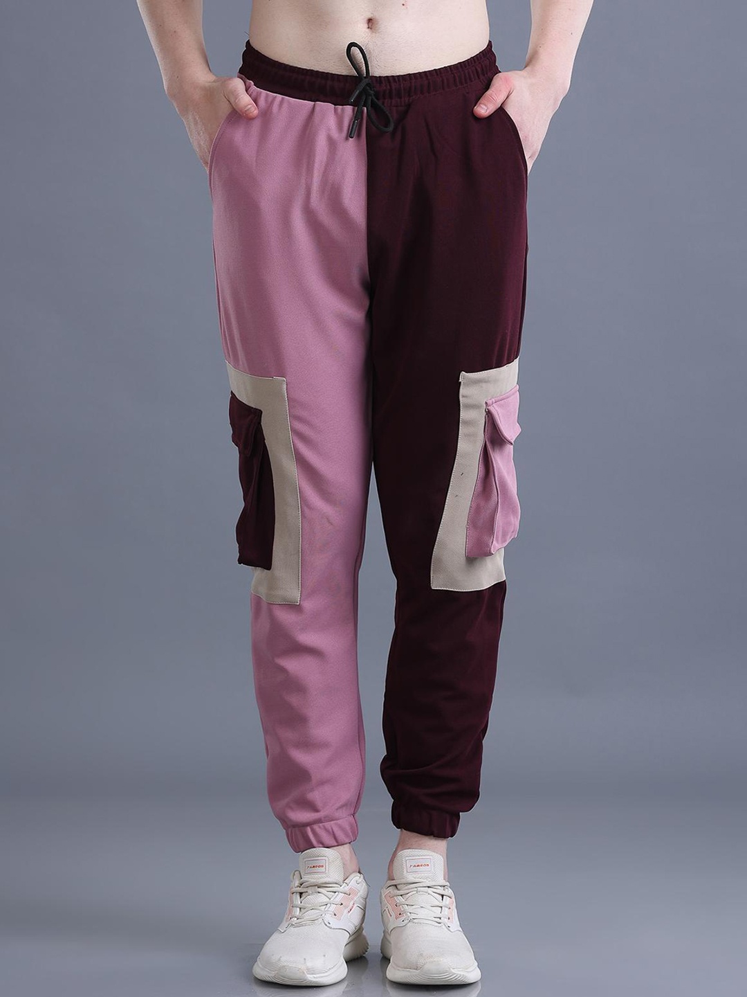 The Dance Bible Men Colourblocked Relaxed-Fit Mid Rise Cargo Joggers, Maroon