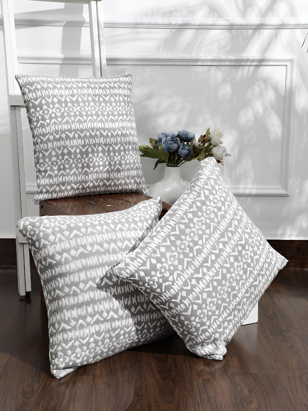 

ANWYN Grey & White 3 Pieces Ethnic Motifs Square Cushion Covers