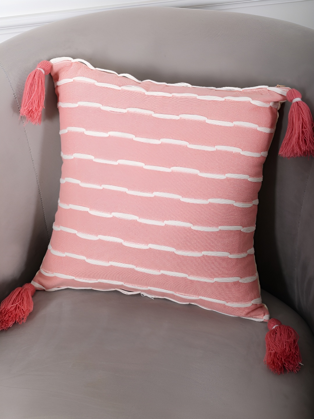 

ANWYN Peach-Coloured & White Pure Cotton Square Cushion Cover