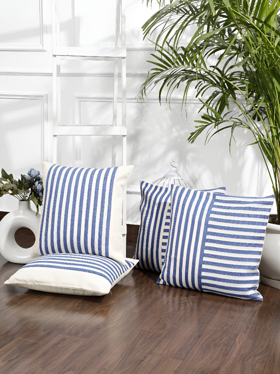 

ANWYN Blue & Off White 5 Pieces Striped Square Cushion Covers