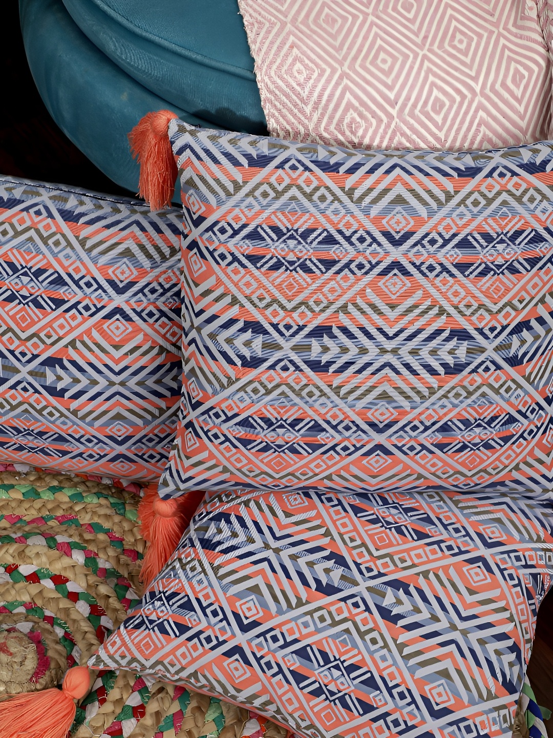 

ANWYN Blue & Orange 2 Pcs Ethnic Motifs Pure Cotton Square Cushion Covers