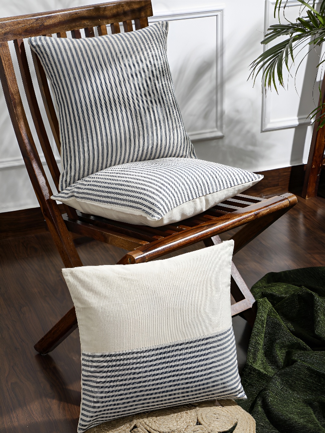 ANWYN Grey & White 3 Pcs Striped Pure Cotton Square Cushion Covers
