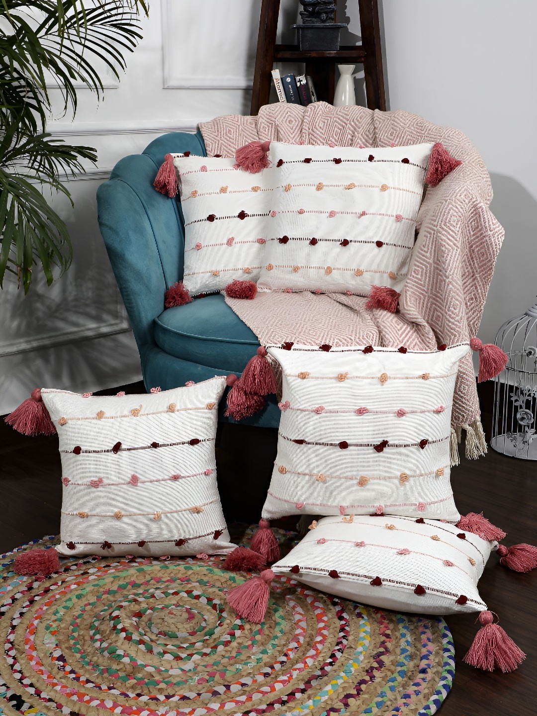 

ANWYN White & Pink 5 Pcs Pure Cotton Square Cushion Covers
