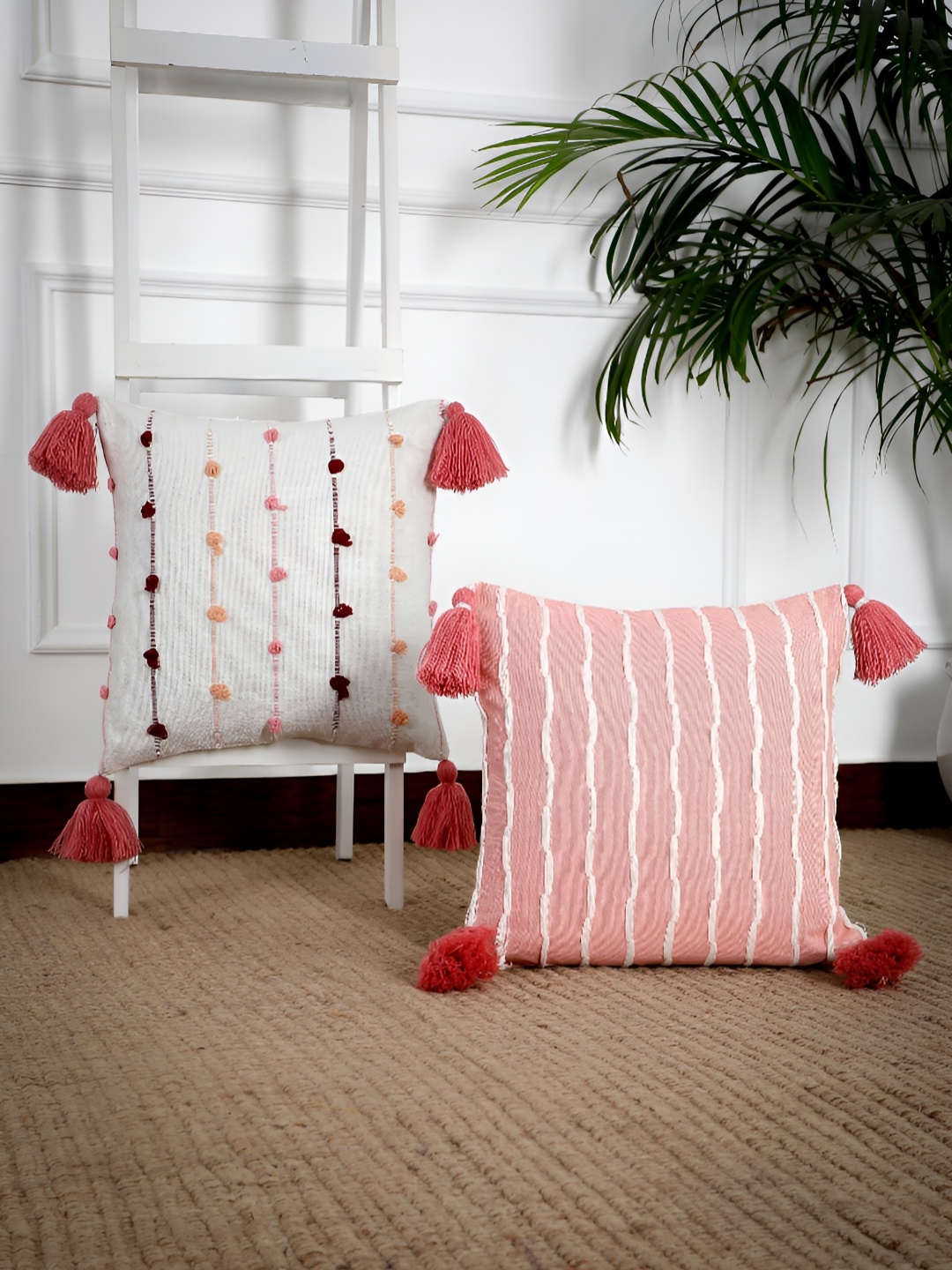 

ANWYN Peach-Coloured & White 2 Pcs Pure Cotton Square Cushion Covers