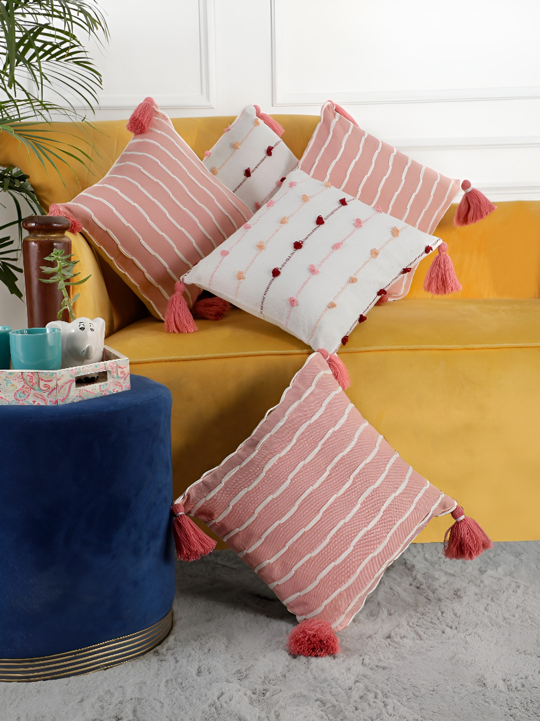

ANWYN Peach-Coloured & White 5 Pcs Self Design Square Cushion Covers