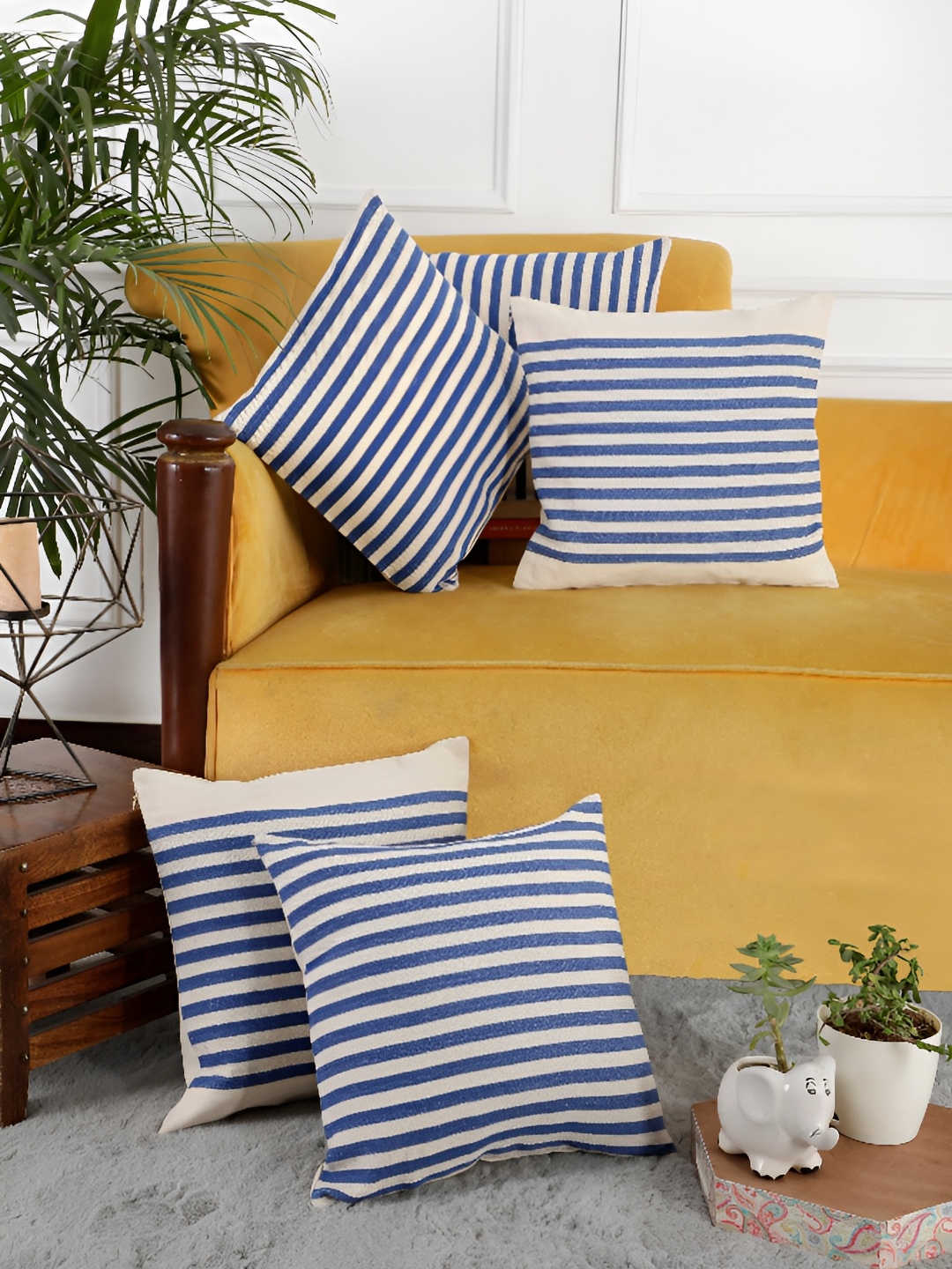 

ANWYN Blue & White 5 Pcs Striped Pure Cotton Square Cushion Covers
