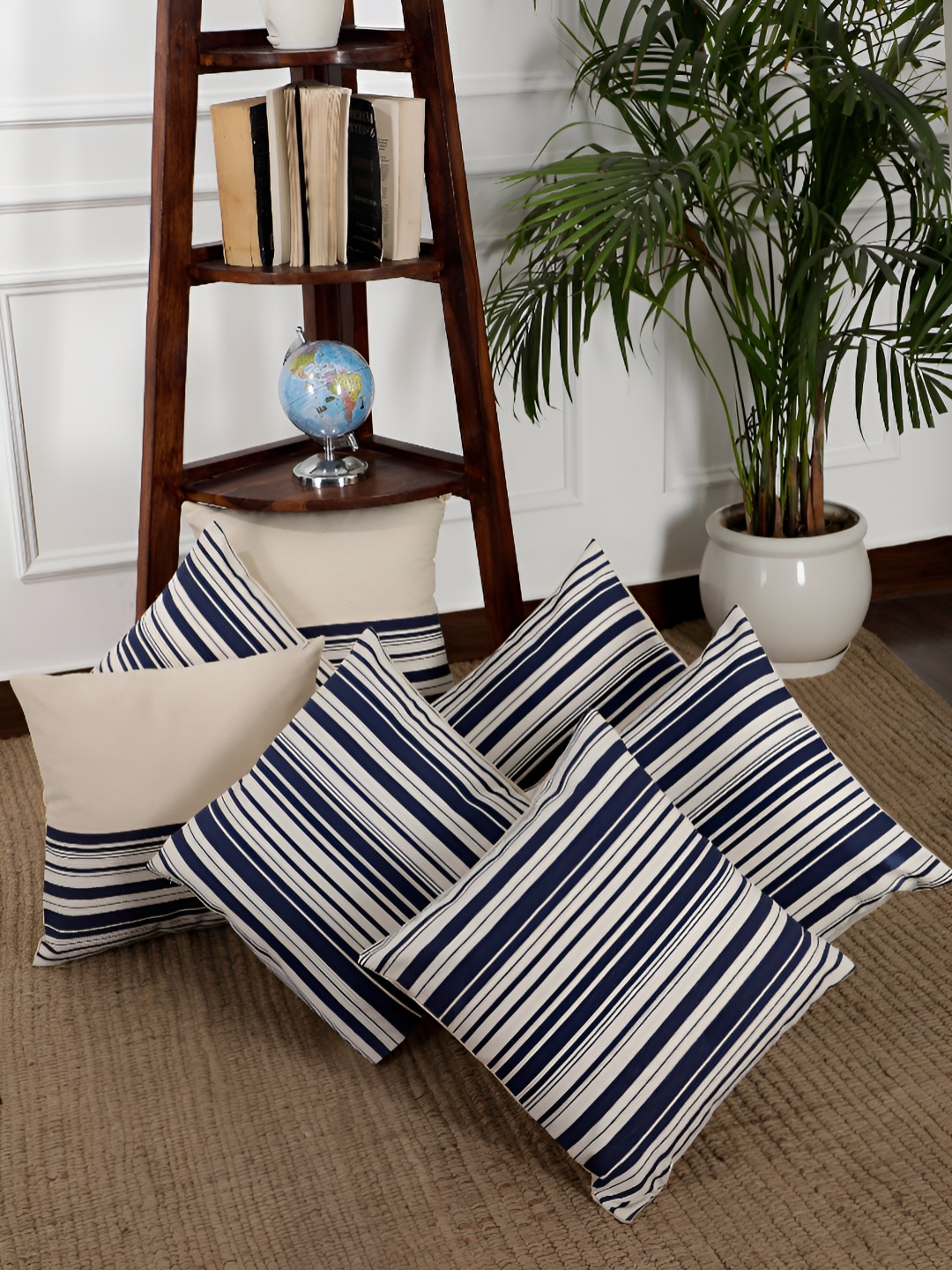 

ANWYN Blue & White 7 Pcs Striped Pure Cotton Square Cushion Covers