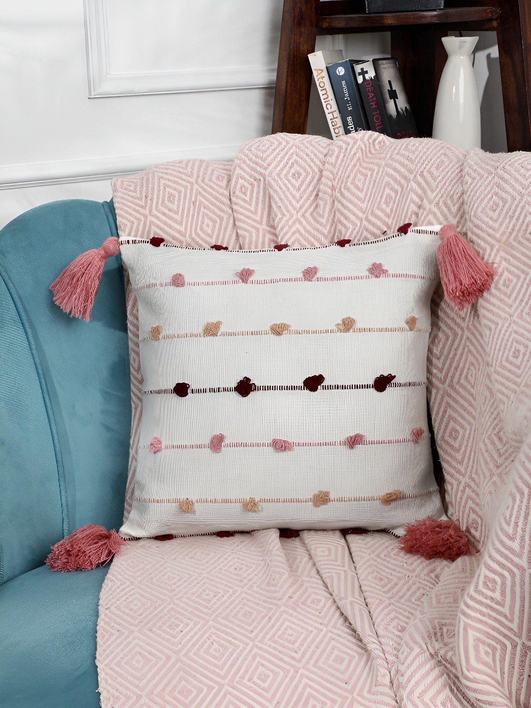 

ANWYN White & Pink Pure Cotton Square Cushion Cover