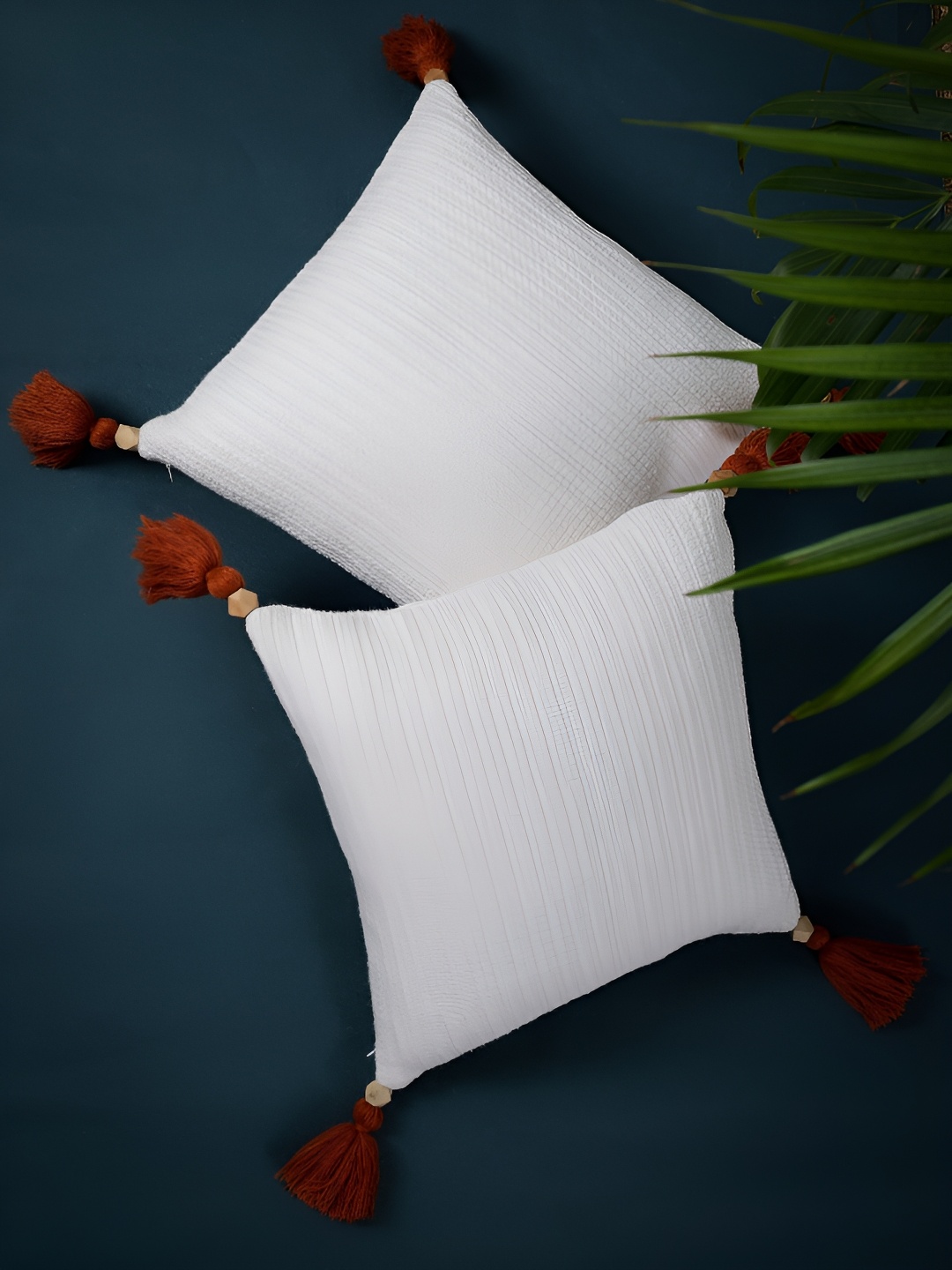 

ANWYN White & Brown 2 Pcs Pure Cotton Square Cushion Covers