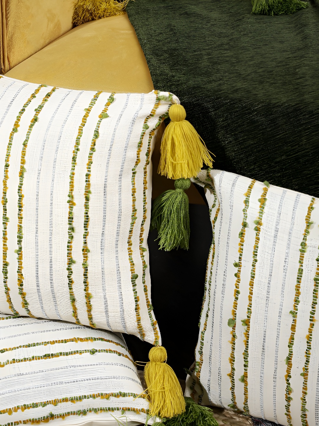 

ANWYN White & Mustard 2 Pcs Pure Cotton Square Cushion Covers