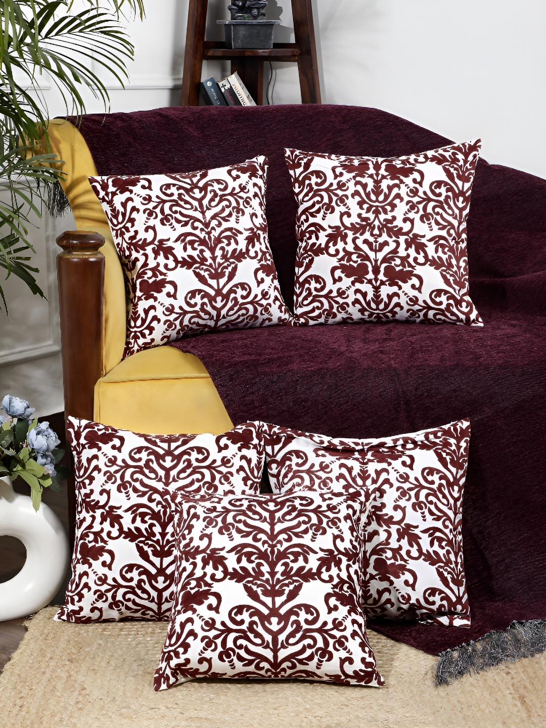 

ANWYN Maroon & White 5 Pcs Pure Cotton Ethnic Motifs Square Cushion Covers