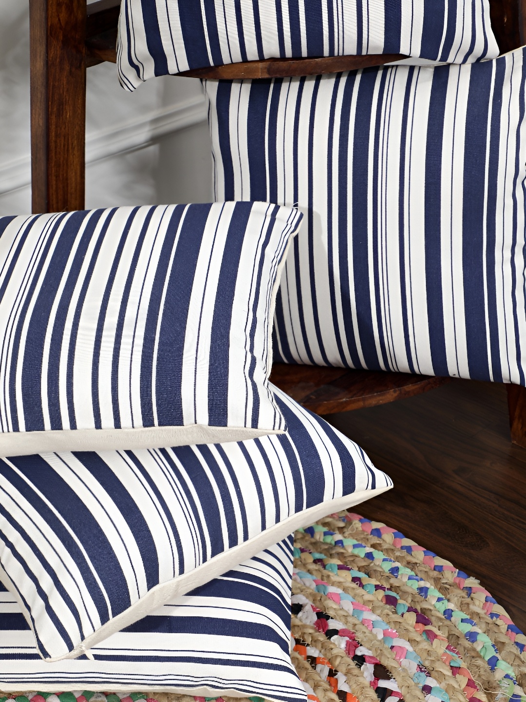 

ANWYN Blue & White 5 Pcs Striped Pure Cotton Square Cushion Covers