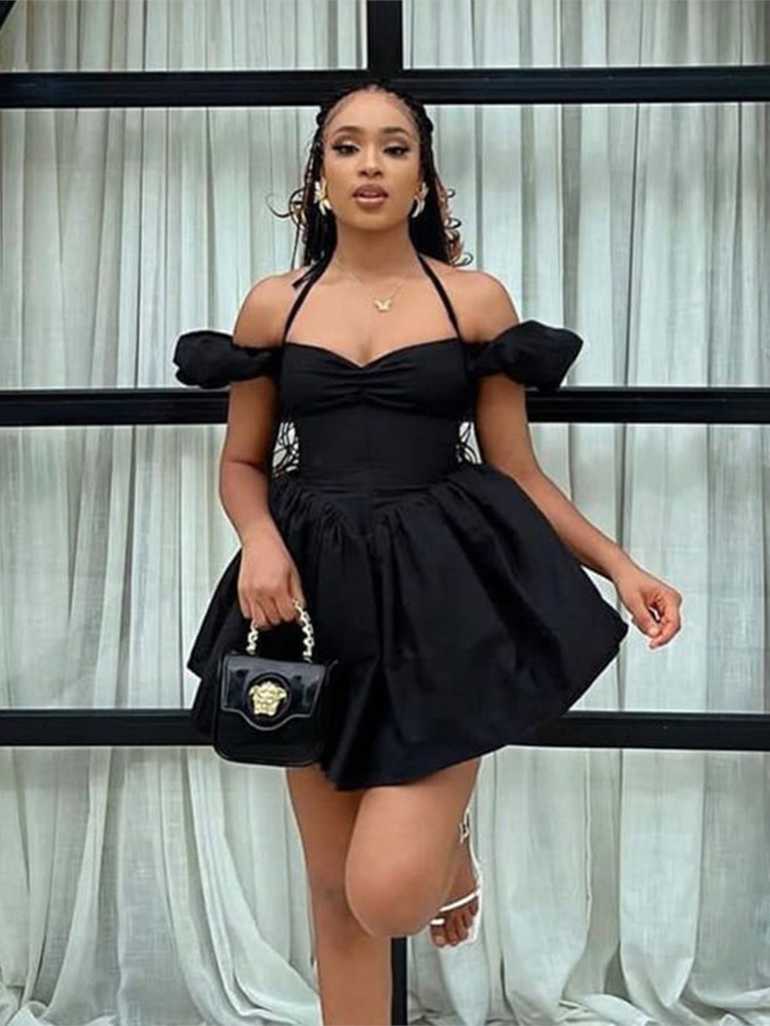 

StyleCast x Revolte Halter Neck Cold-Shoulder Sleeves Fit & Flare Dress, Black