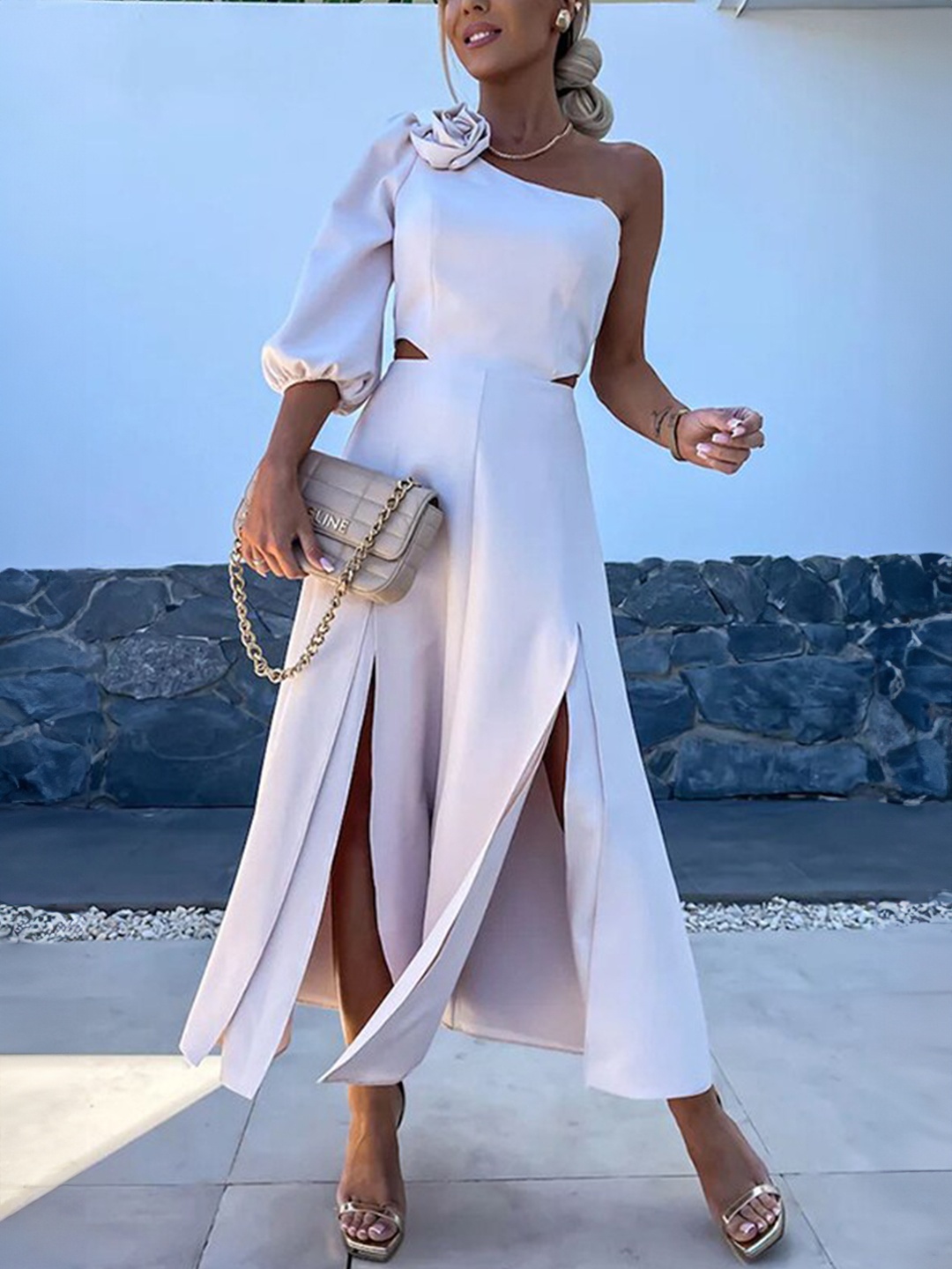 

StyleCast x Revolte One Shoulder Cut-Outs Maxi Fit & Flare Dress, Beige
