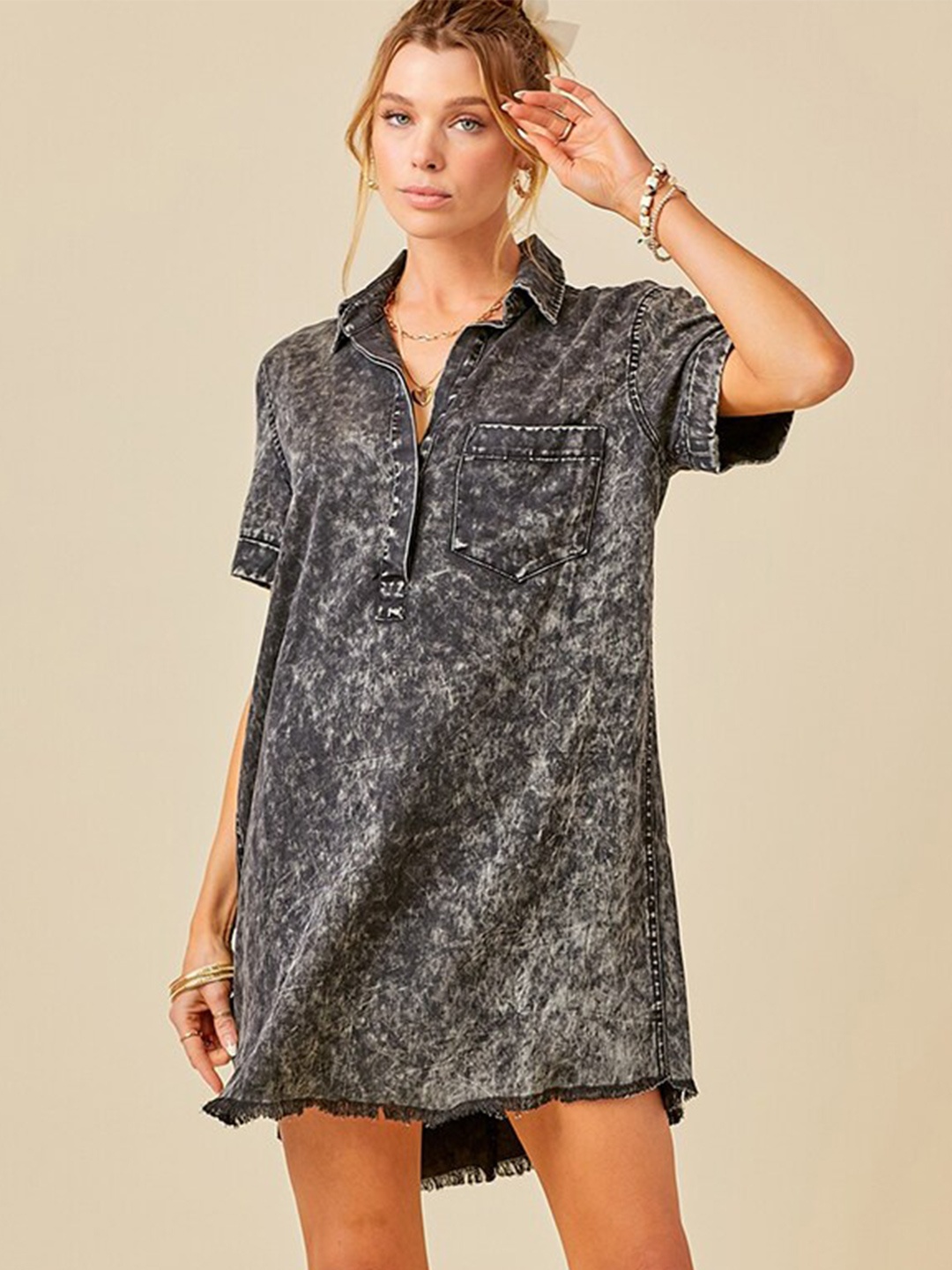 

StyleCast x Revolte Abstract Printed Above Knee Shirt Dress, Black