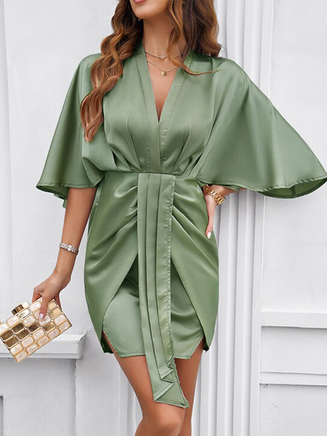

StyleCast x Revolte Flared Sleeves Gathered Sheath Dress, Green