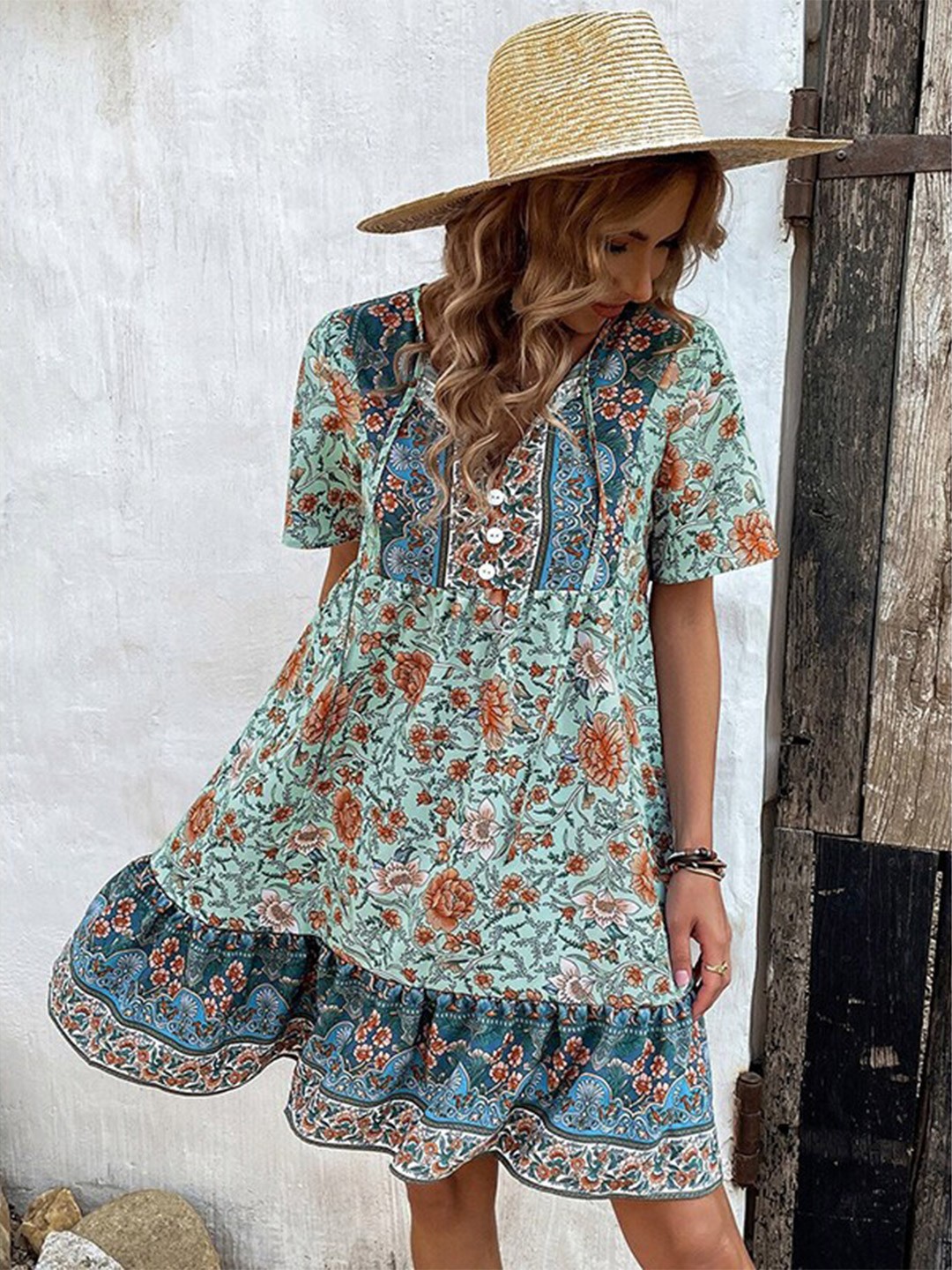 

StyleCast x Revolte Floral Printed Tie-Up Neck A-Line Dress, Green