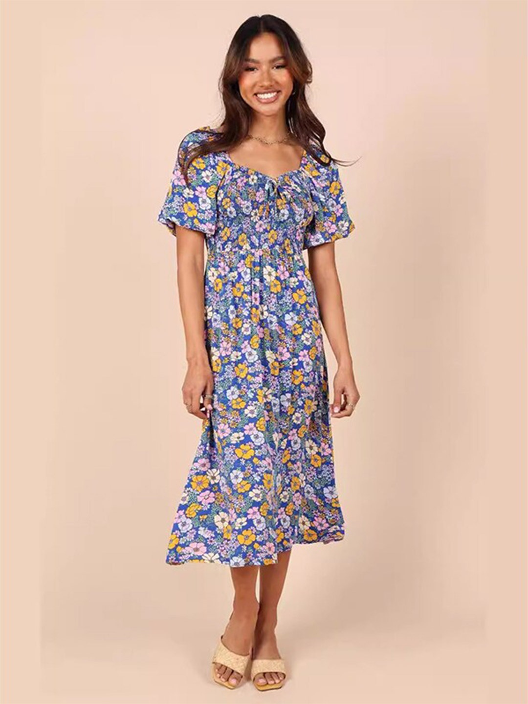 

StyleCast x Revolte Floral Printed Puff Sleeves Gathered Detailed Fit & Flare Midi Dress, Blue