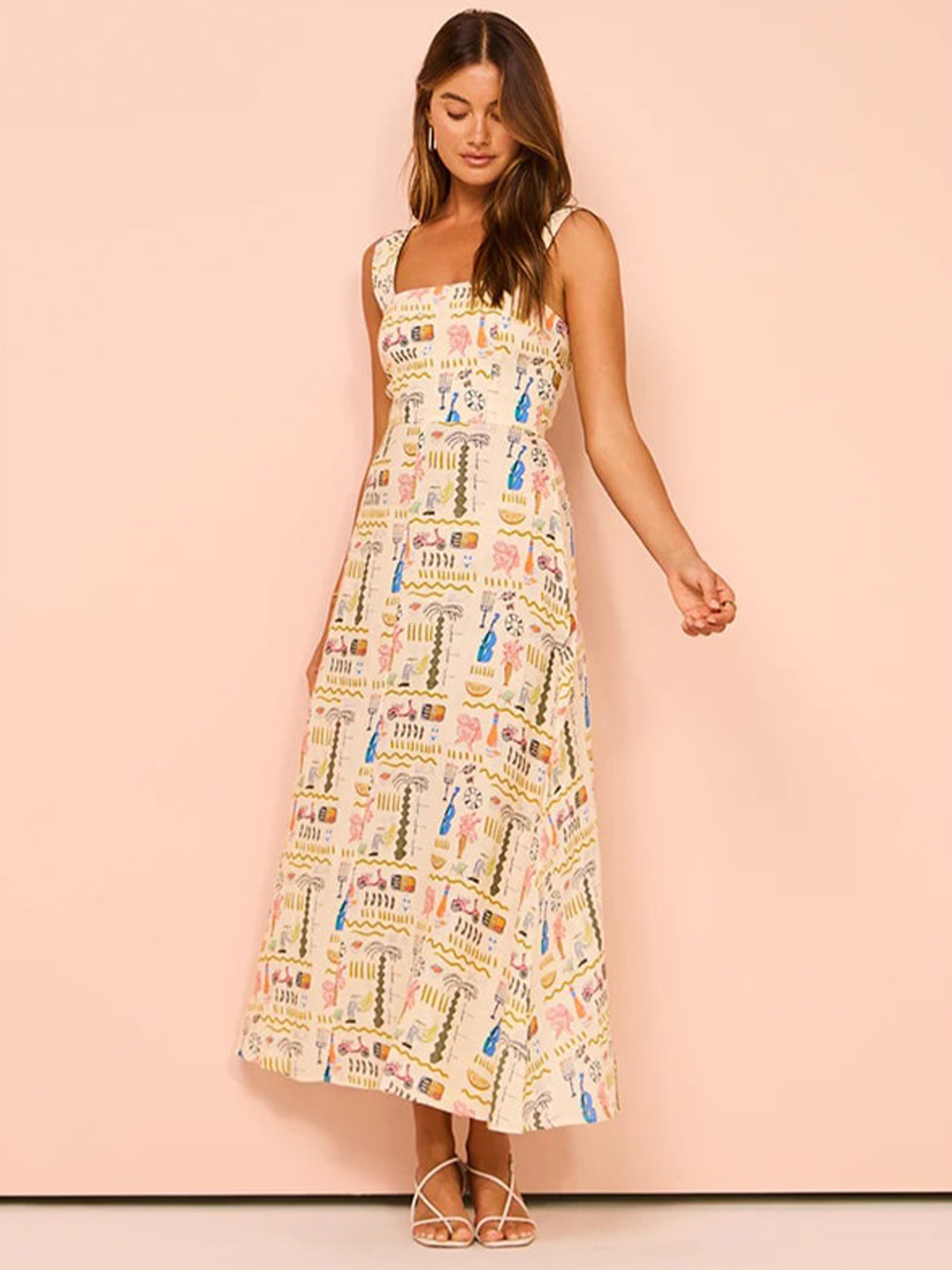 

StyleCast x Revolte Beige Shoulder Straps Print Maxi Dress