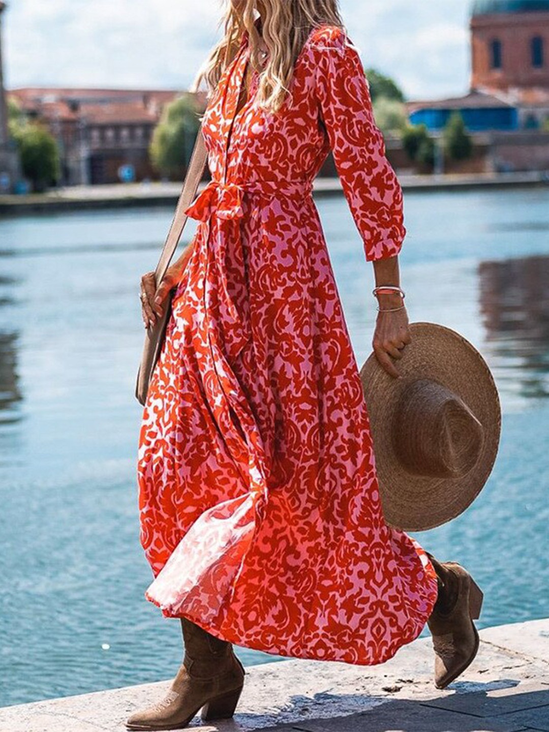 

StyleCast x Revolte Print Long Sleeves Shirt Collar A-Line Midi Dress, Red