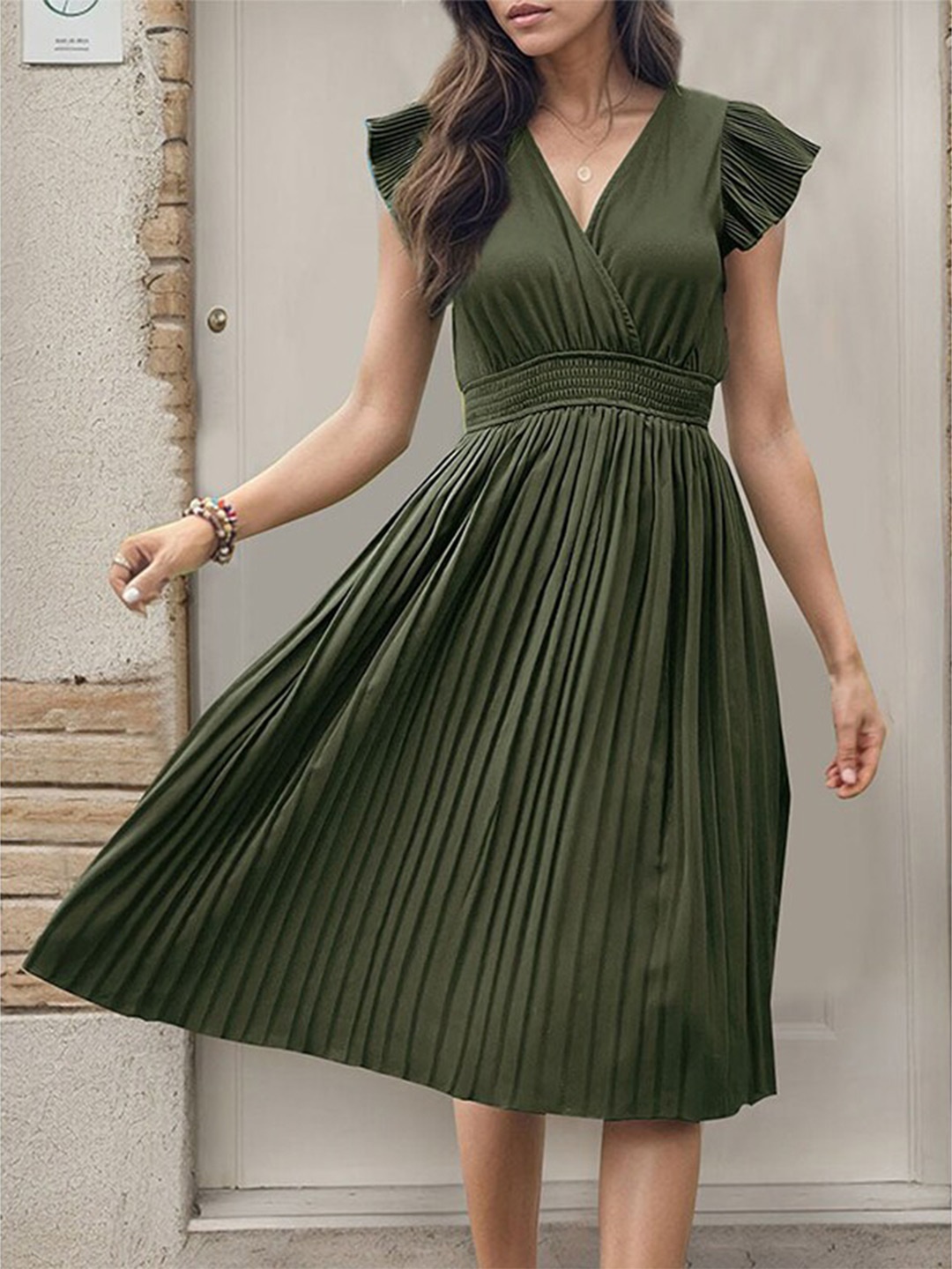 

StyleCast x Revolte Green V Neck Striped Accordion Pleats Fit & Flare Midi Dress