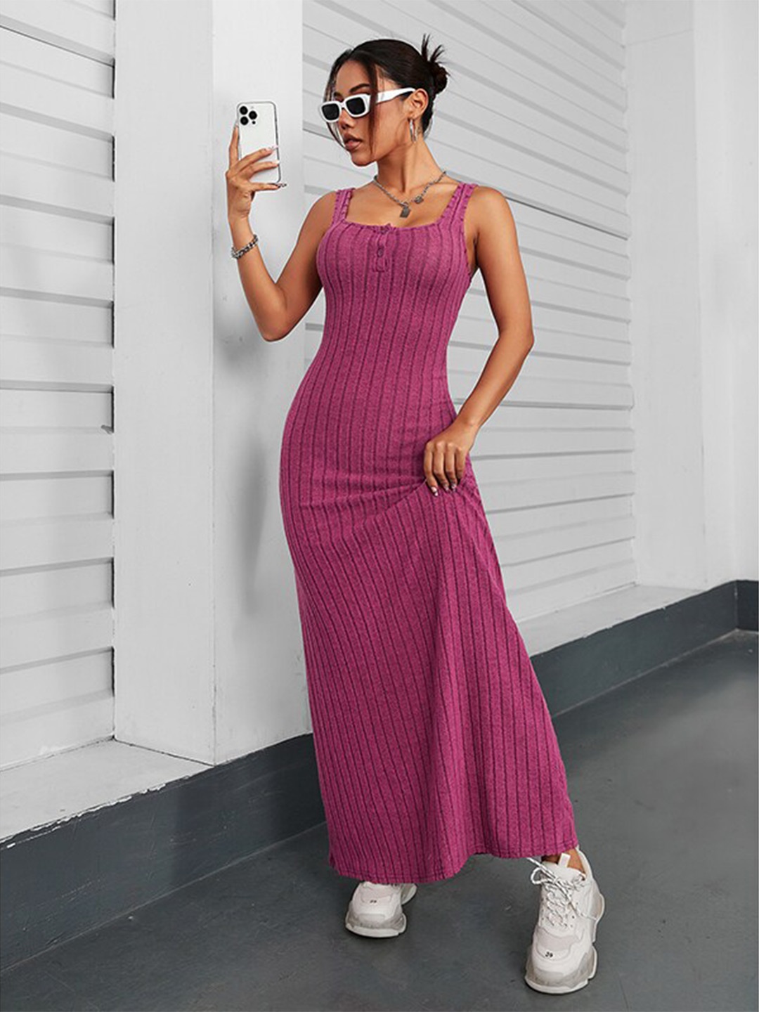 

StyleCast x Revolte Striped Shoulder Straps Maxi Bodycon Dress, Fuchsia