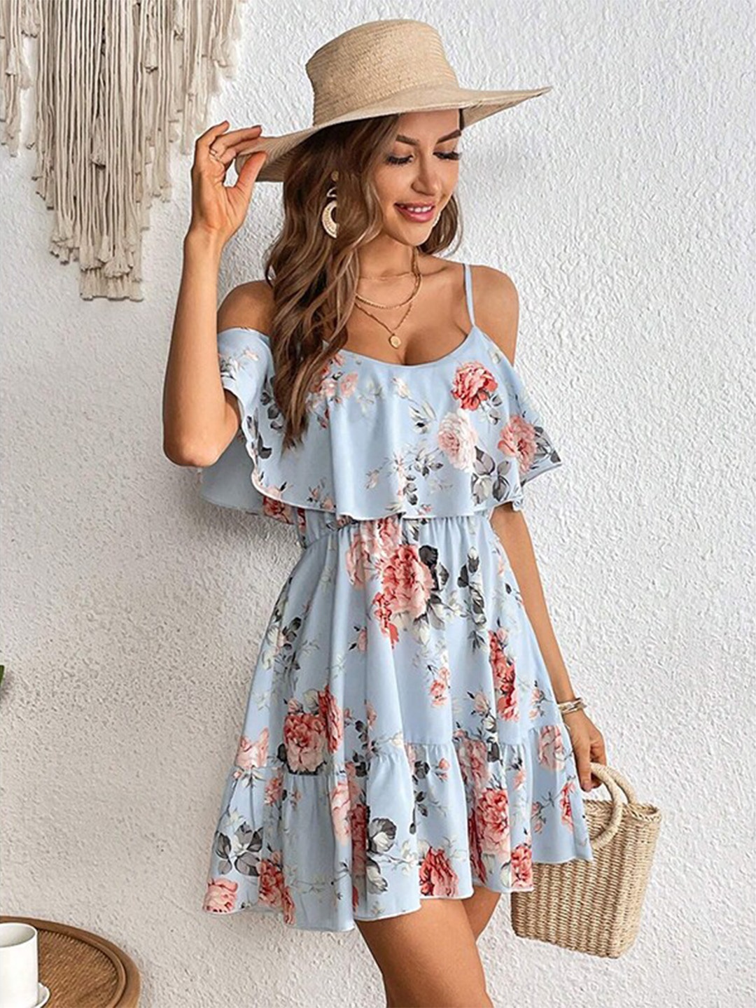

StyleCast x Revolte Floral Print Cold-Shoulder Layered A-Line Midi Dress, Blue