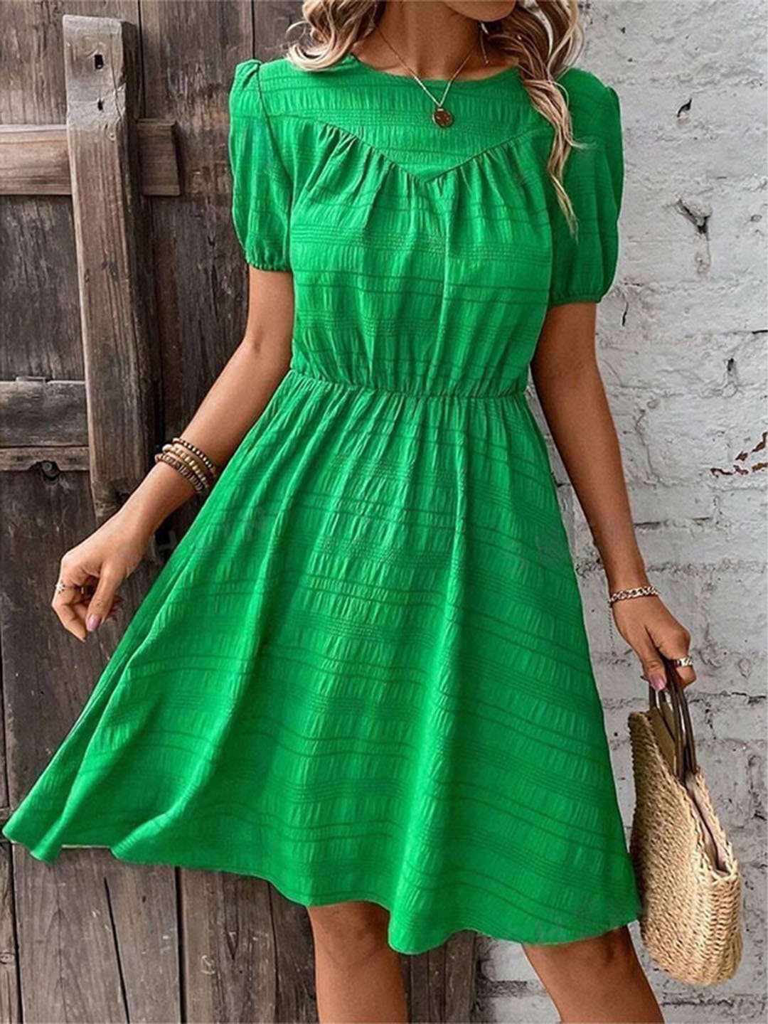 

StyleCast x Revolte Self Design Puff Sleeves Fit & Flare Dress, Green