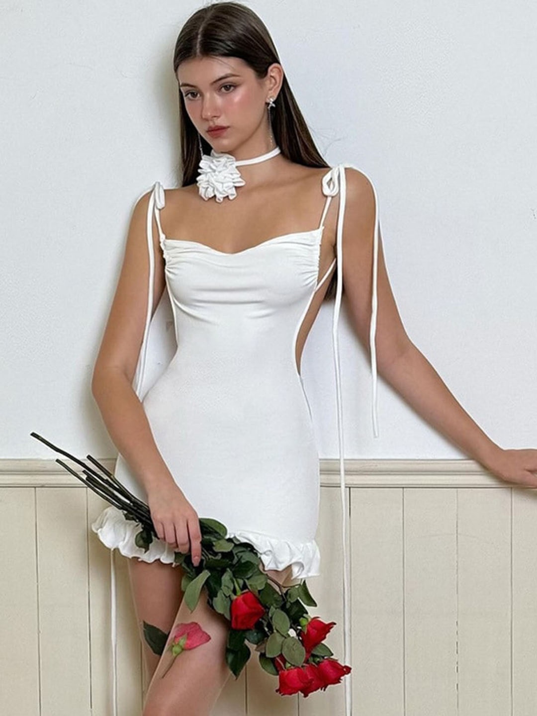 

StyleCast x Revolte Shoulder Straps Ruched Bodycon Mini Dress, White